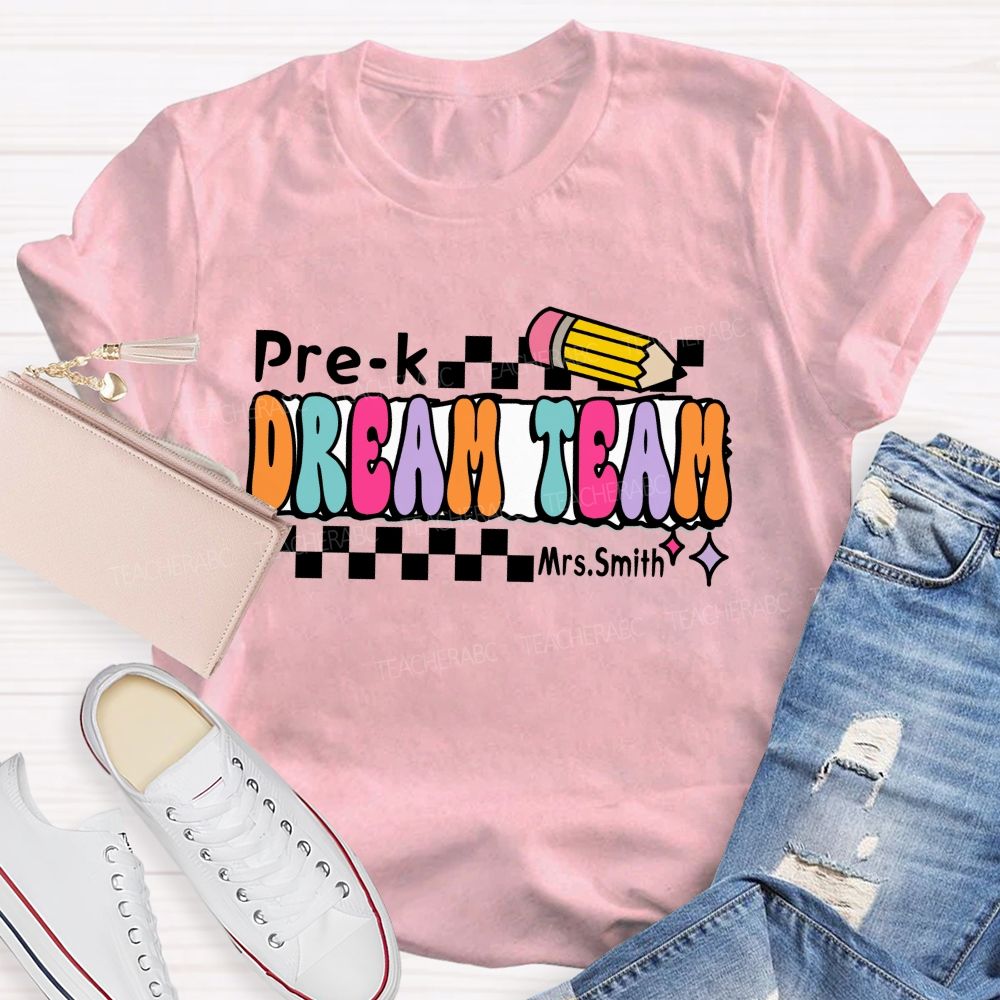 Personalized Grade And Name Dream Team Checkerboard Pencil Teacher T-Shirt