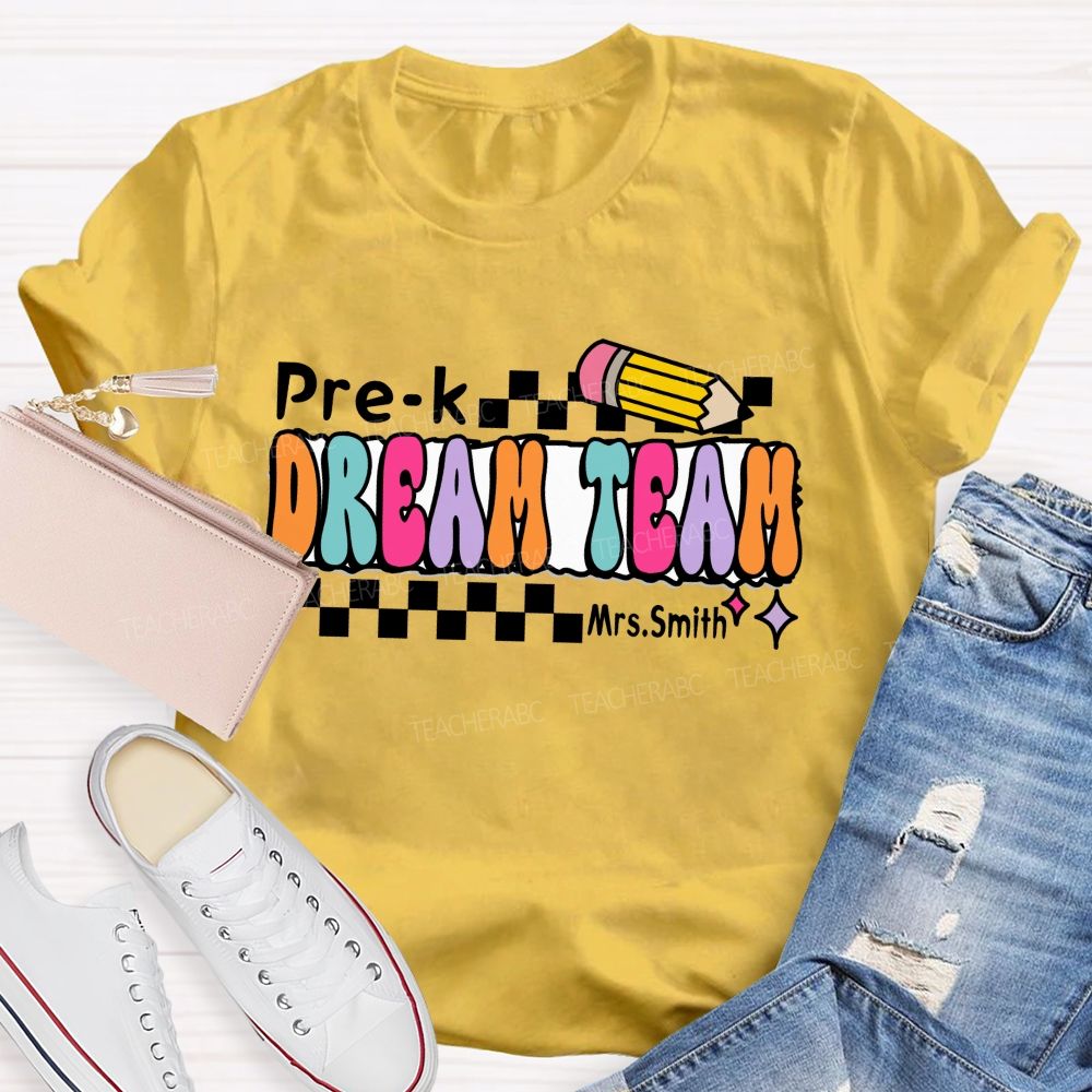 Personalized Grade And Name Dream Team Checkerboard Pencil Teacher T-Shirt