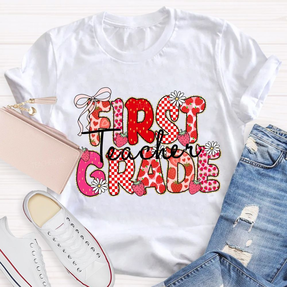 Personalized grade Pink Gingham Strawberry Teacher T-shirt