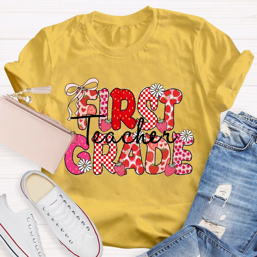 Personalized grade Pink Gingham Strawberry Teacher T-shirt
