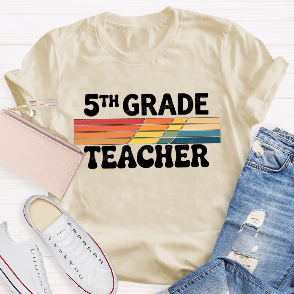 Personalized grade Minimalist-Style Print With Colorful Stripes Teacher T-shirt