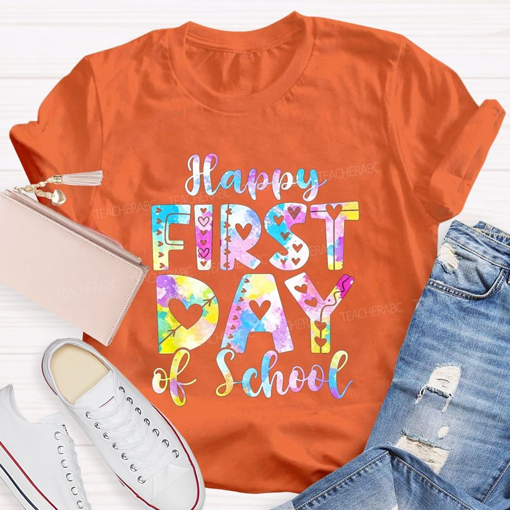 Watercolor Tie Dye Happy First Day Of School Hearts Teacher T-shirt