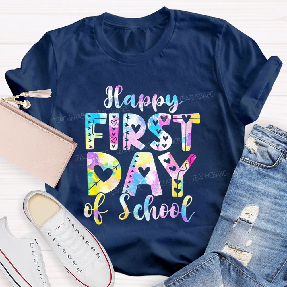 Watercolor Tie Dye Happy First Day Of School Hearts Teacher T-shirt