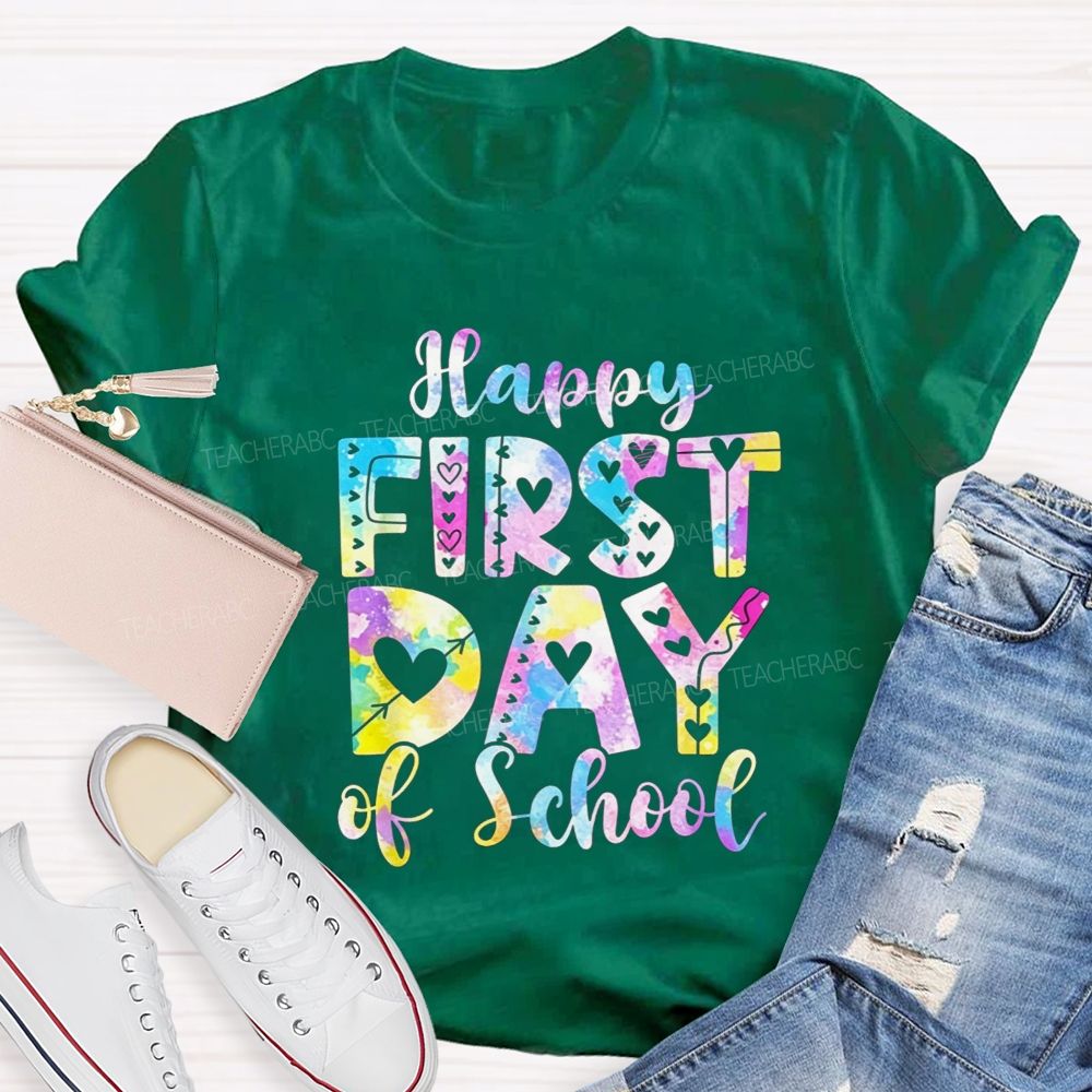 Watercolor Tie Dye Happy First Day Of School Hearts Teacher T-shirt