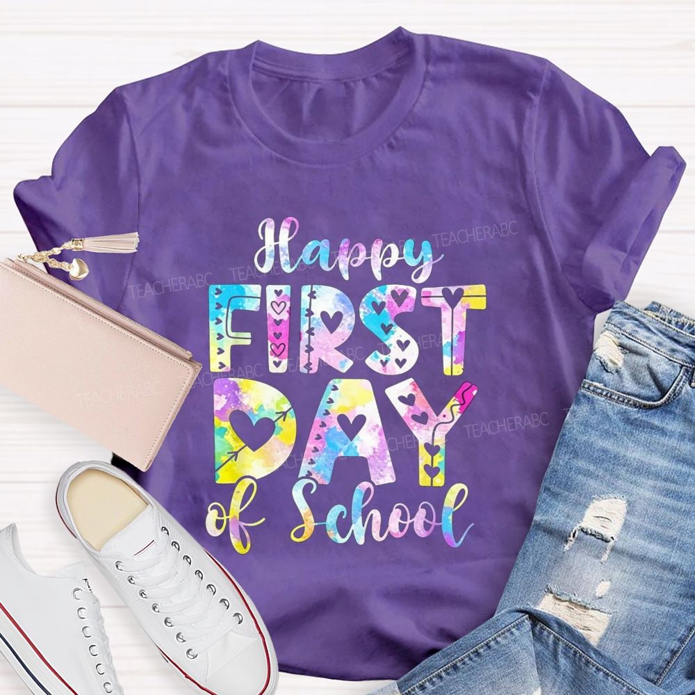 Watercolor Tie Dye Happy First Day Of School Hearts Teacher T-shirt