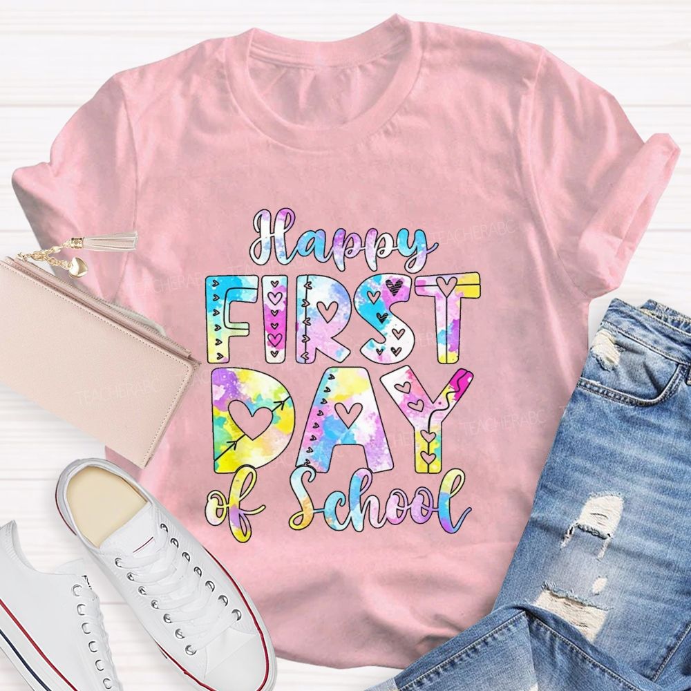Watercolor Tie Dye Happy First Day Of School Hearts Teacher T-shirt