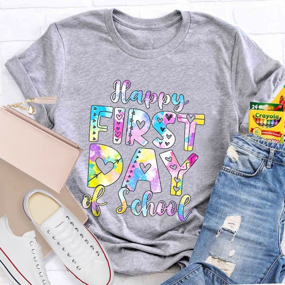 Watercolor Tie Dye Happy First Day Of School Hearts Teacher T-shirt