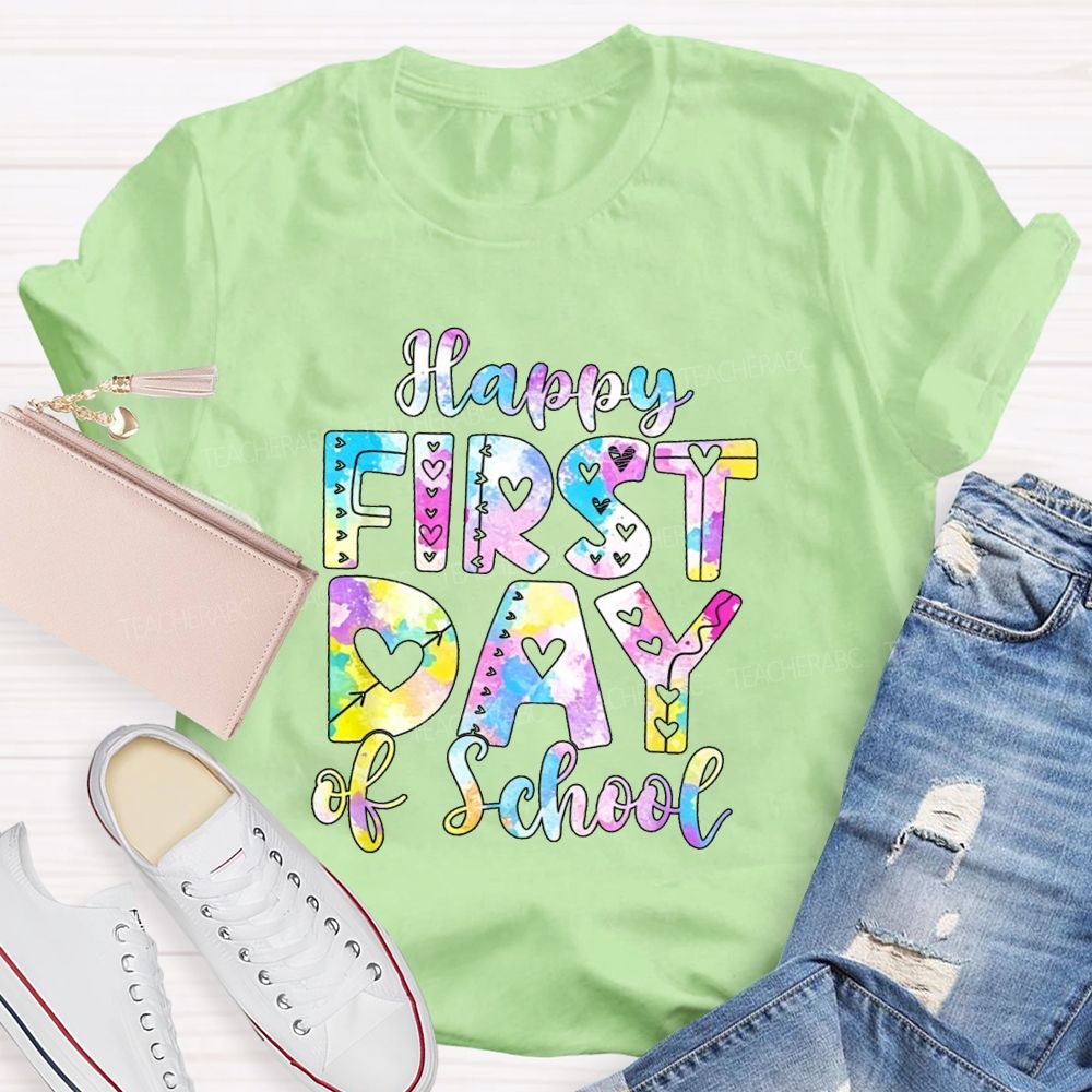 Watercolor Tie Dye Happy First Day Of School Hearts Teacher T-shirt