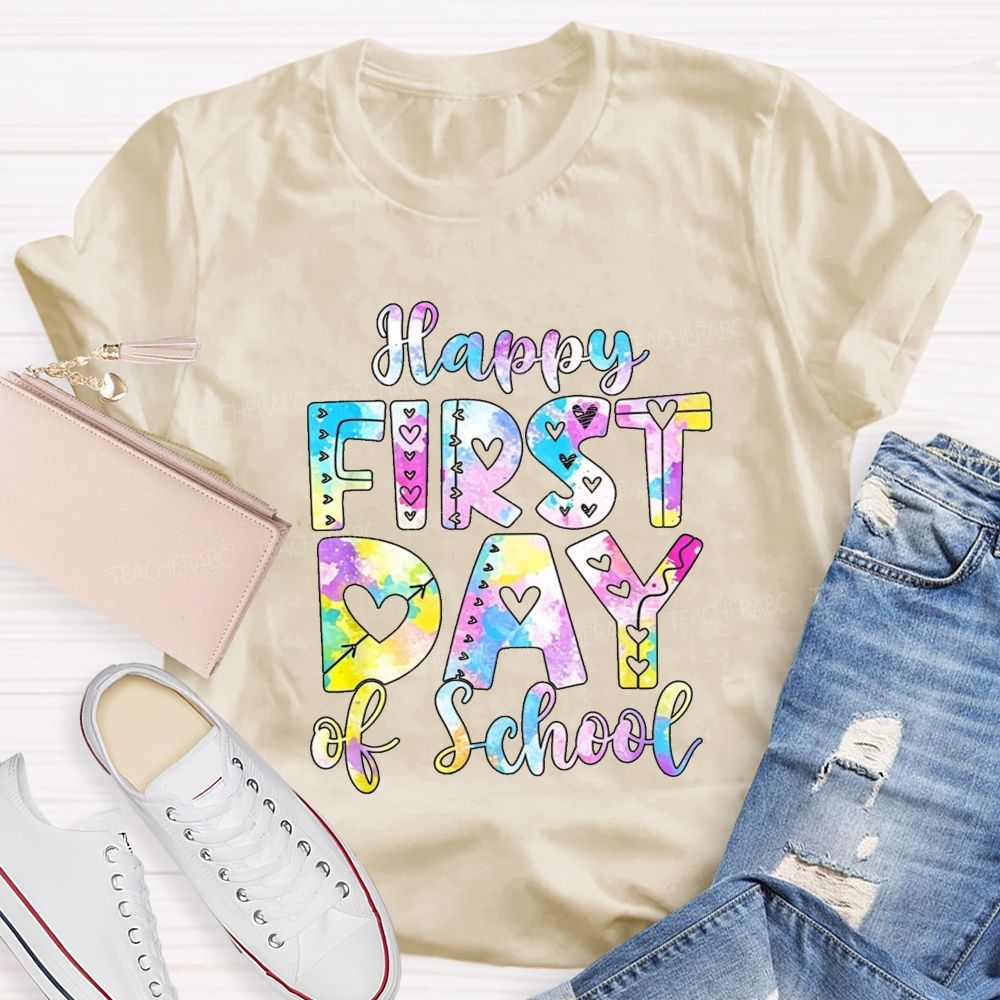 Watercolor Tie Dye Happy First Day Of School Hearts Teacher T-shirt