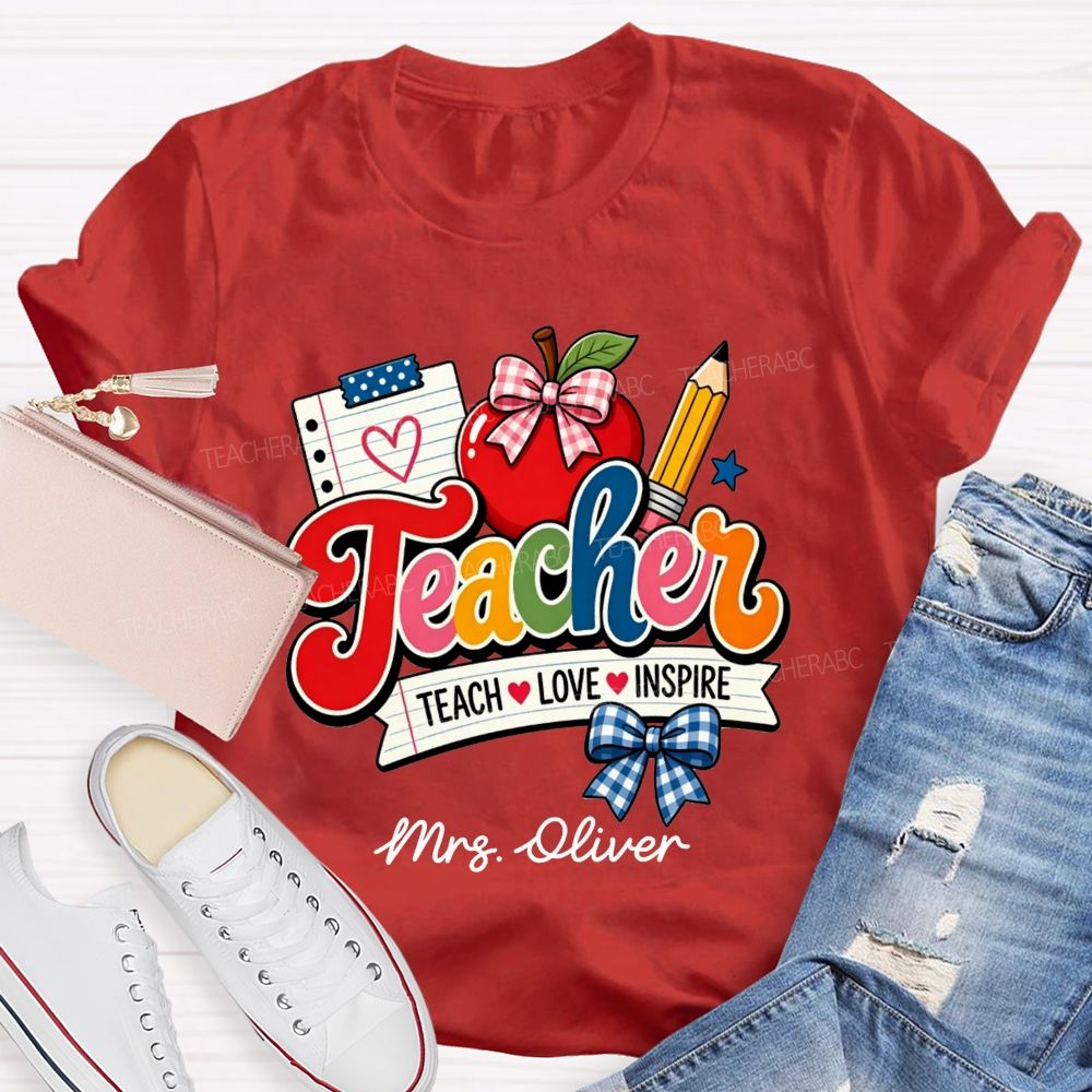 Personalized Name Teach Love Inspire Plaid Bow Apple Pencil Notebook Teacher T-shirt