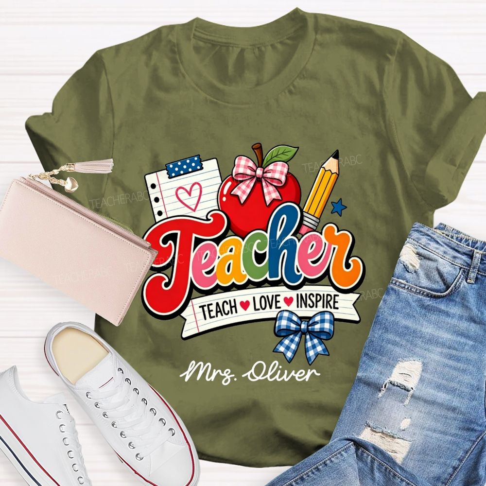 Personalized Name Teach Love Inspire Plaid Bow Apple Pencil Notebook Teacher T-shirt