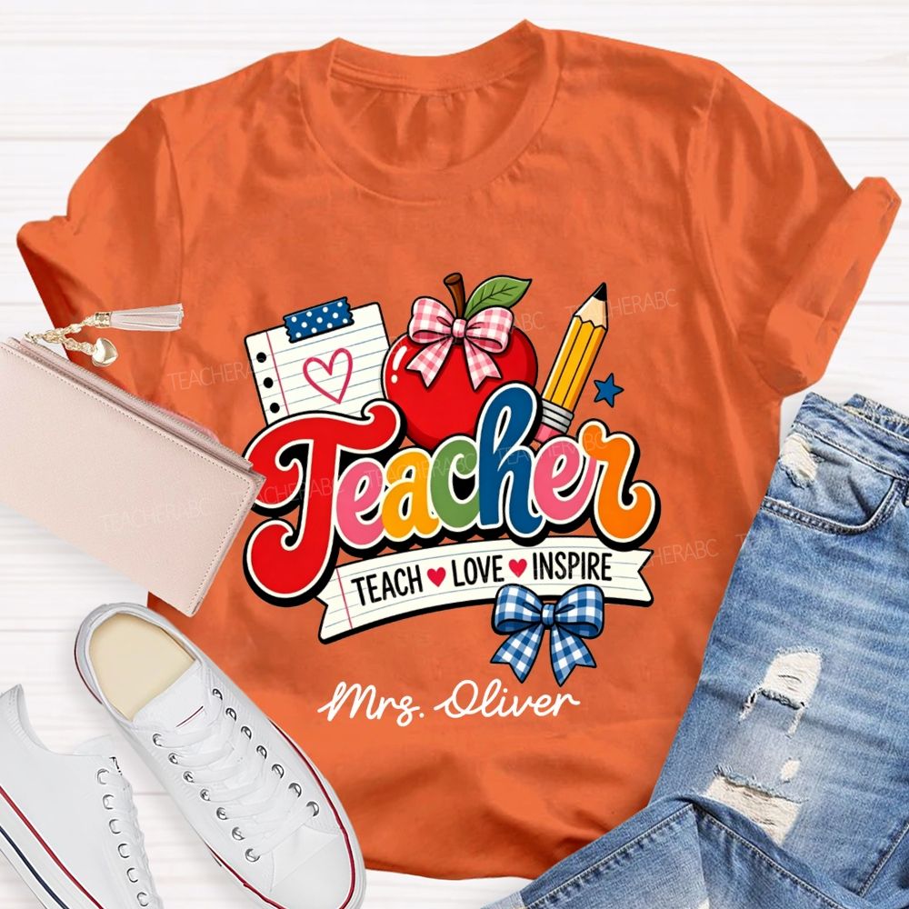Personalized Name Teach Love Inspire Plaid Bow Apple Pencil Notebook Teacher T-shirt