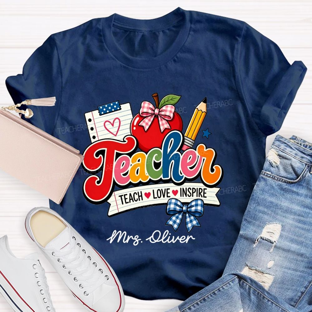 Personalized Name Teach Love Inspire Plaid Bow Apple Pencil Notebook Teacher T-shirt