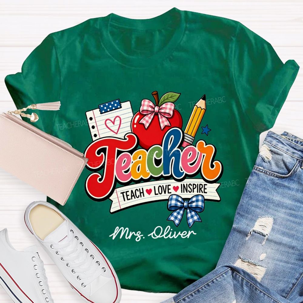 Personalized Name Teach Love Inspire Plaid Bow Apple Pencil Notebook Teacher T-shirt