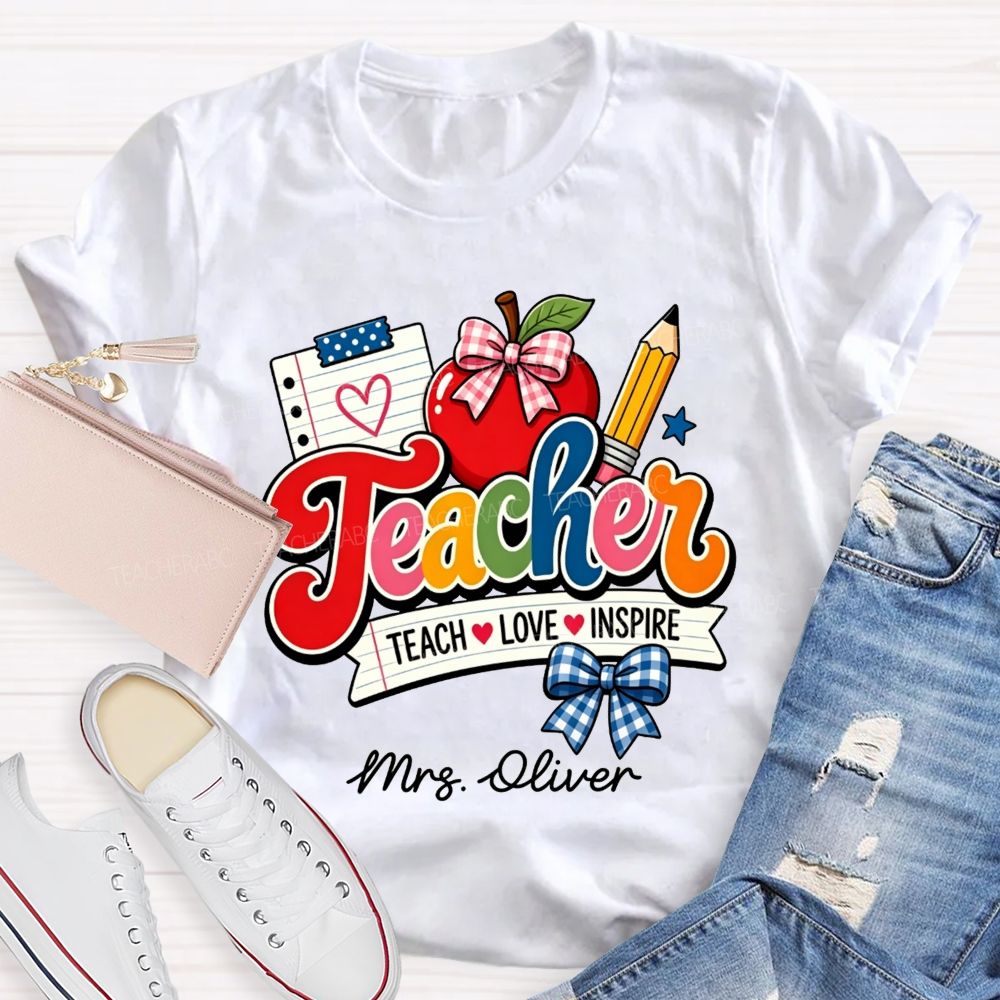 Personalized Name Teach Love Inspire Plaid Bow Apple Pencil Notebook Teacher T-shirt