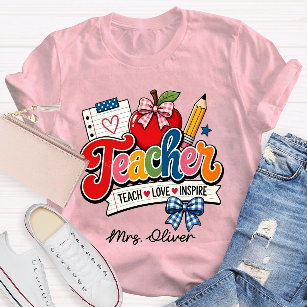 Personalized Name Teach Love Inspire Plaid Bow Apple Pencil Notebook Teacher T-shirt
