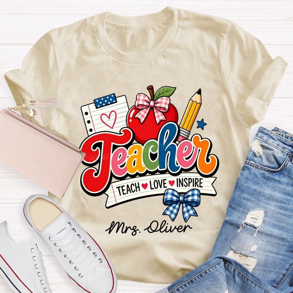 Personalized Name Teach Love Inspire Plaid Bow Apple Pencil Notebook Teacher T-shirt