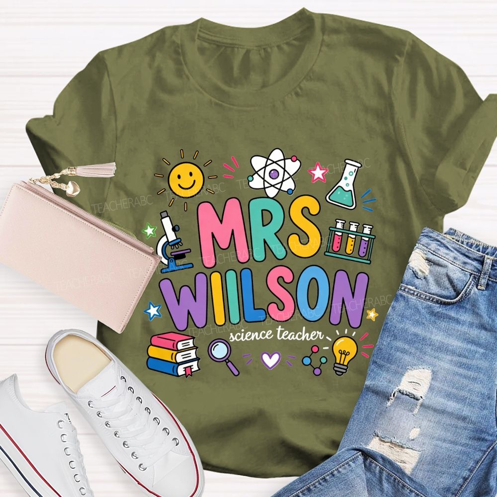 Personalized Name Science Teacher Colorful Doodle Lab Microscope Atom Teacher T-shirt