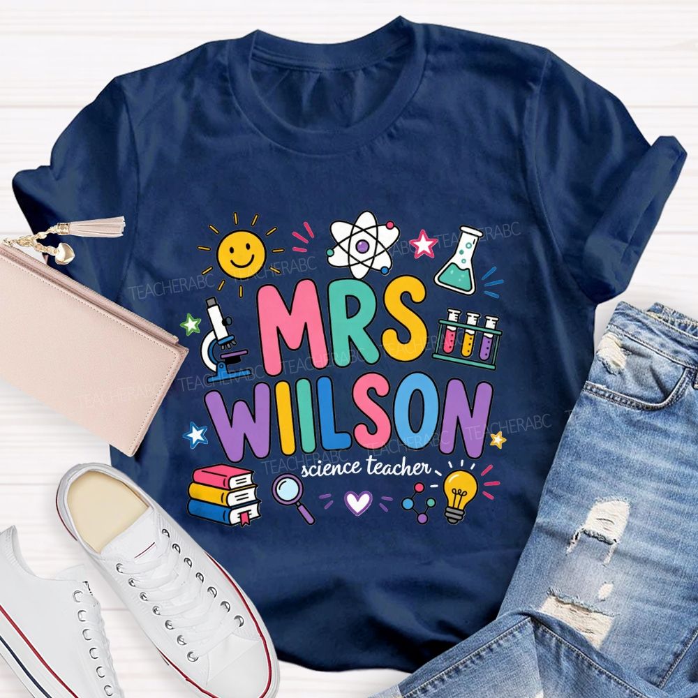 Personalized Name Science Teacher Colorful Doodle Lab Microscope Atom Teacher T-shirt