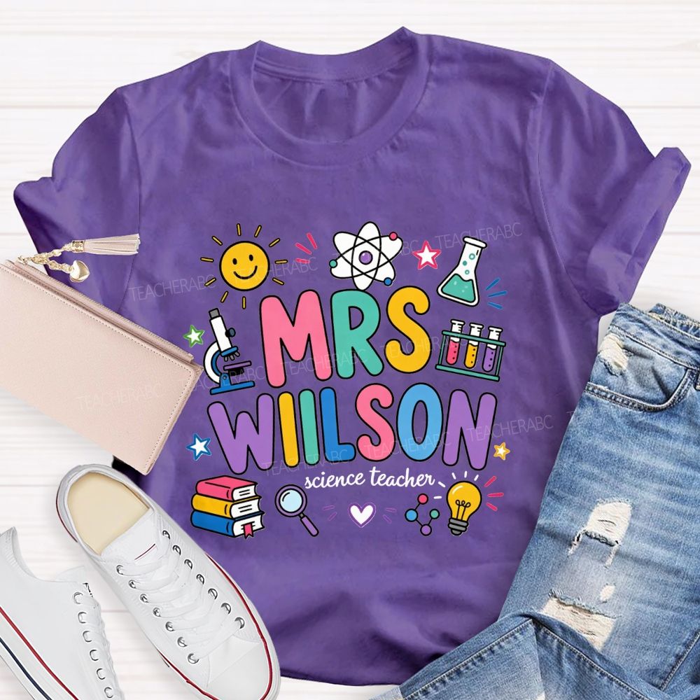 Personalized Name Science Teacher Colorful Doodle Lab Microscope Atom Teacher T-shirt