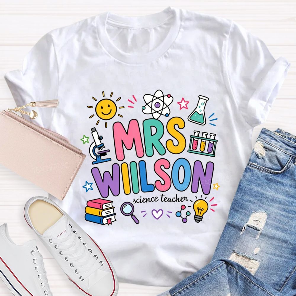 Personalized Name Science Teacher Colorful Doodle Lab Microscope Atom Teacher T-shirt