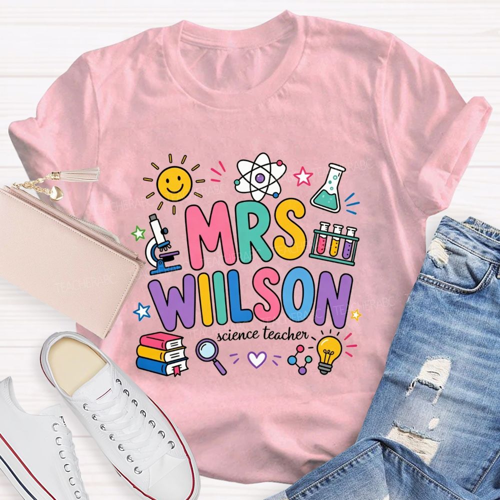 Personalized Name Science Teacher Colorful Doodle Lab Microscope Atom Teacher T-shirt