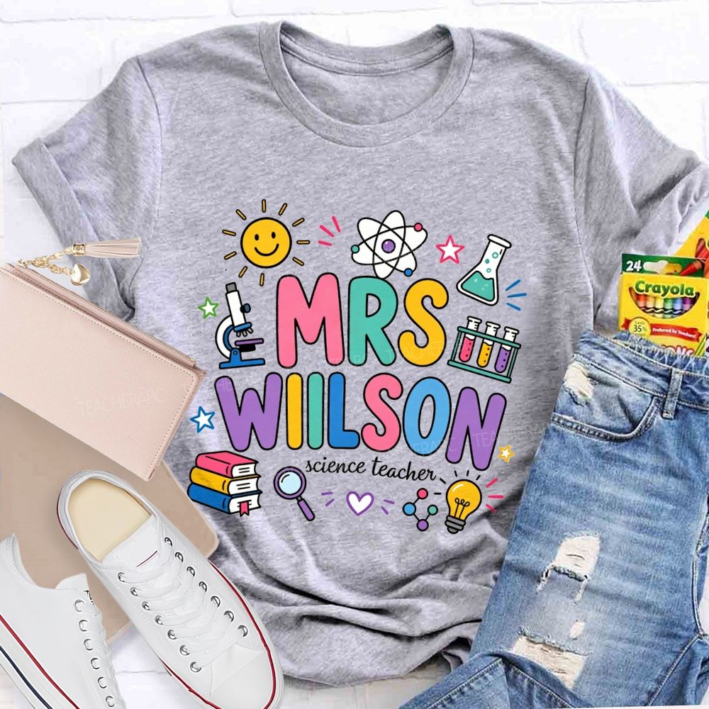 Personalized Name Science Teacher Colorful Doodle Lab Microscope Atom Teacher T-shirt