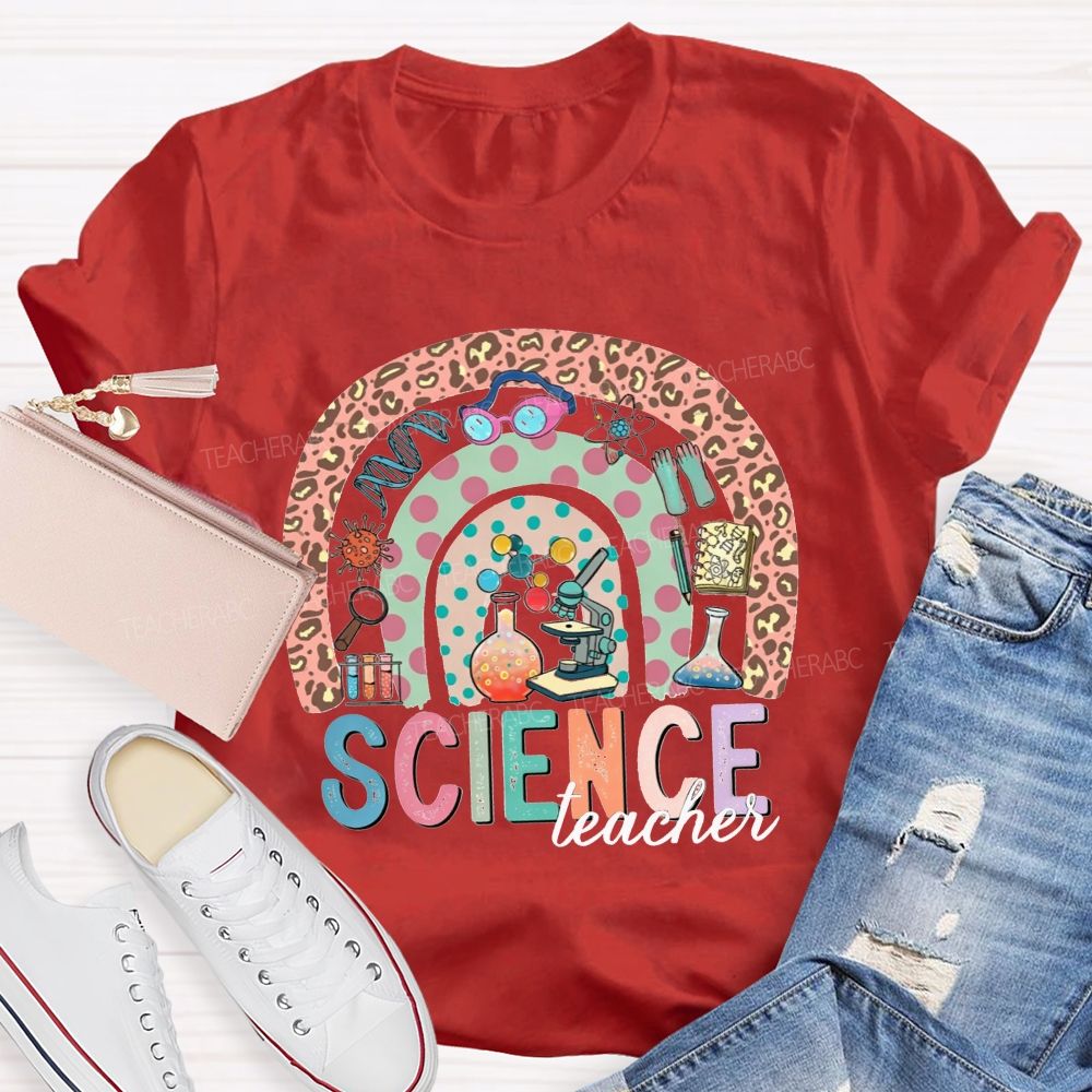 Science Teacher Multicolor Letter Leopard Rainbow Teacher T-shirt