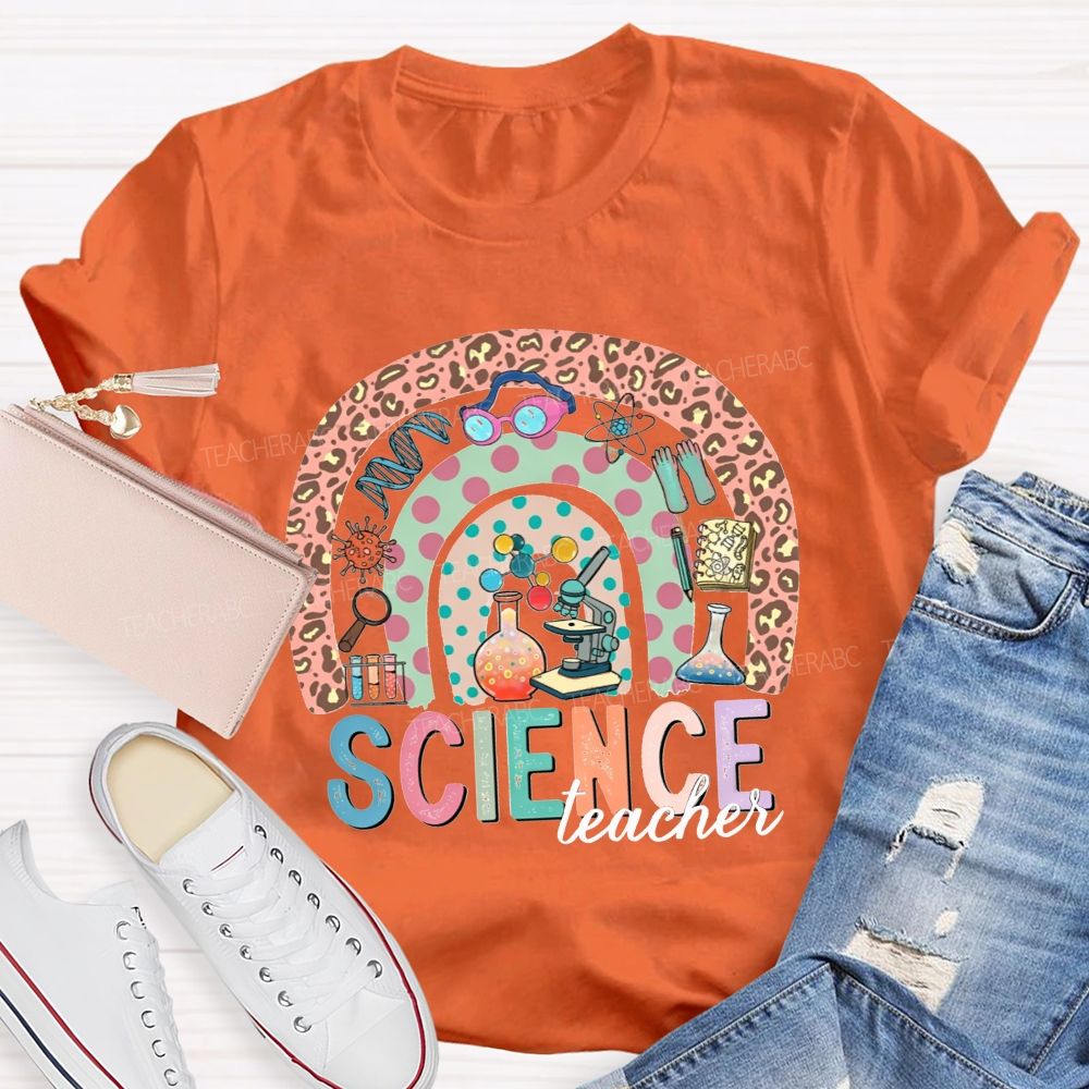 Science Teacher Multicolor Letter Leopard Rainbow Teacher T-shirt