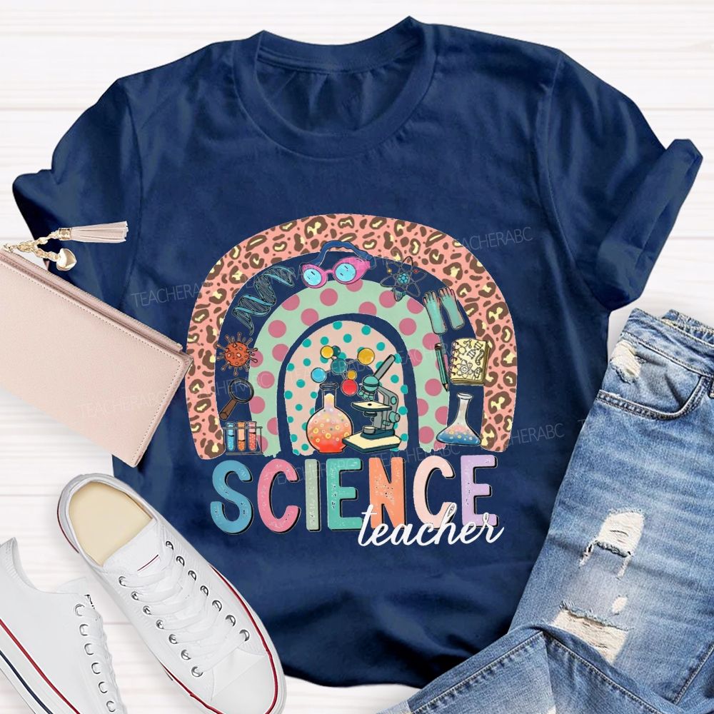 Science Teacher Multicolor Letter Leopard Rainbow Teacher T-shirt