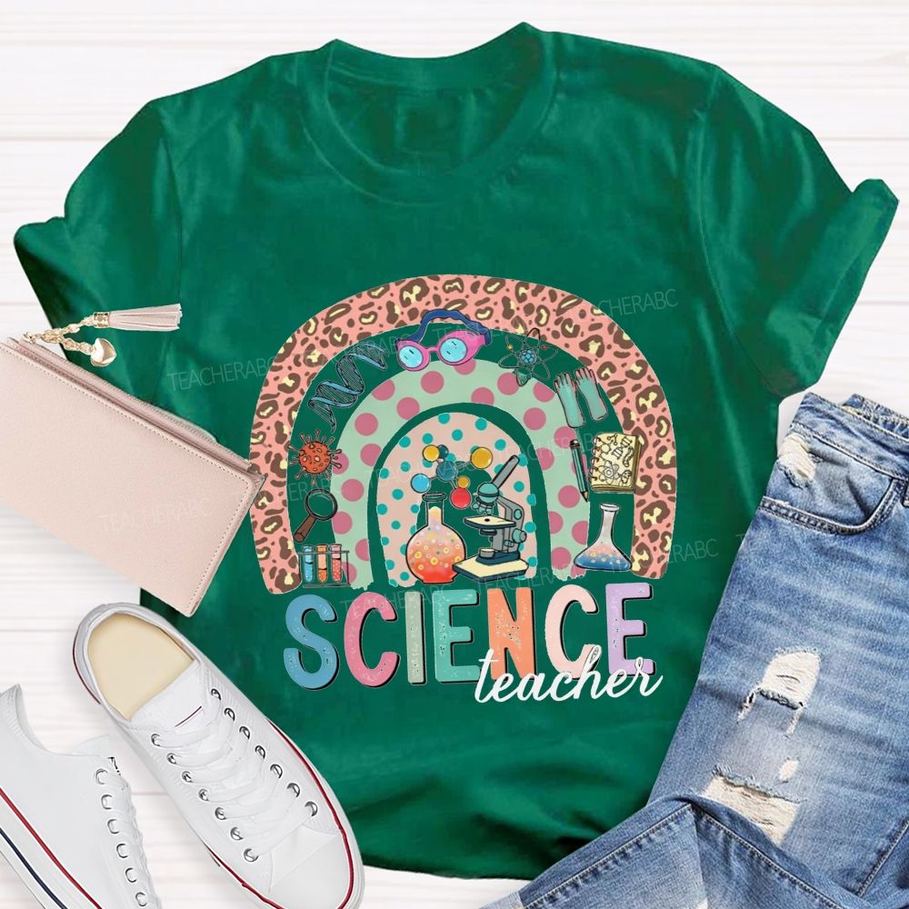 Science Teacher Multicolor Letter Leopard Rainbow Teacher T-shirt