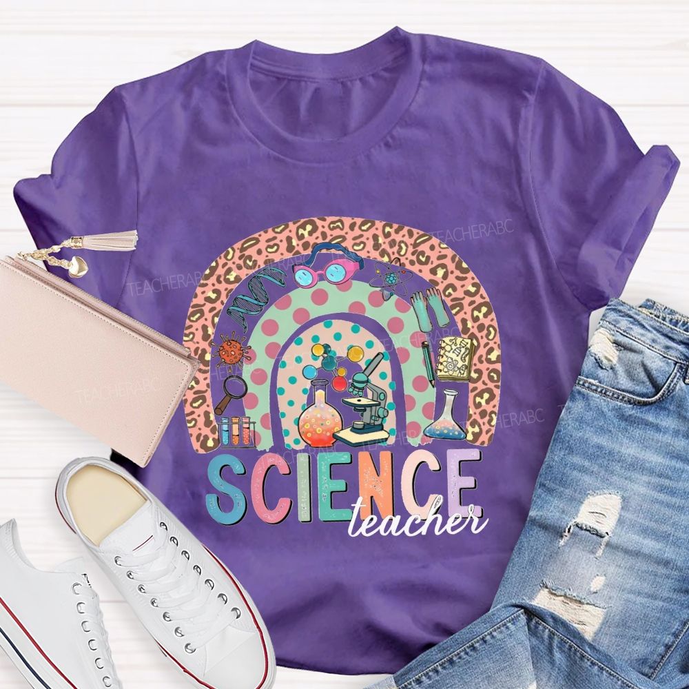 Science Teacher Multicolor Letter Leopard Rainbow Teacher T-shirt
