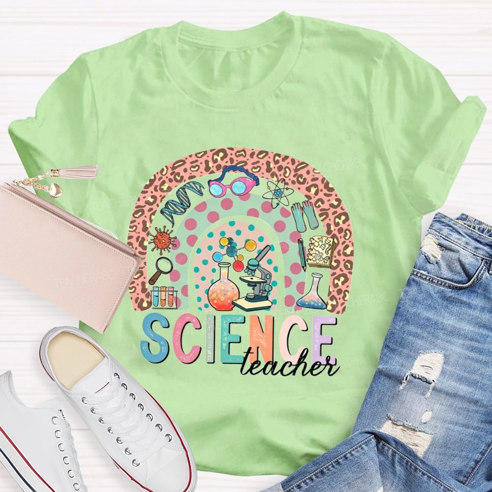 Science Teacher Multicolor Letter Leopard Rainbow Teacher T-shirt