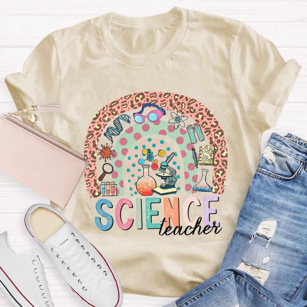 Science Teacher Multicolor Letter Leopard Rainbow Teacher T-shirt
