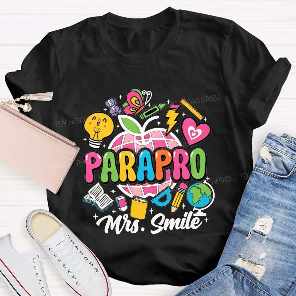 Personalized Name Parapro Bright Doodle School Supply Apple Teacher T-shirt