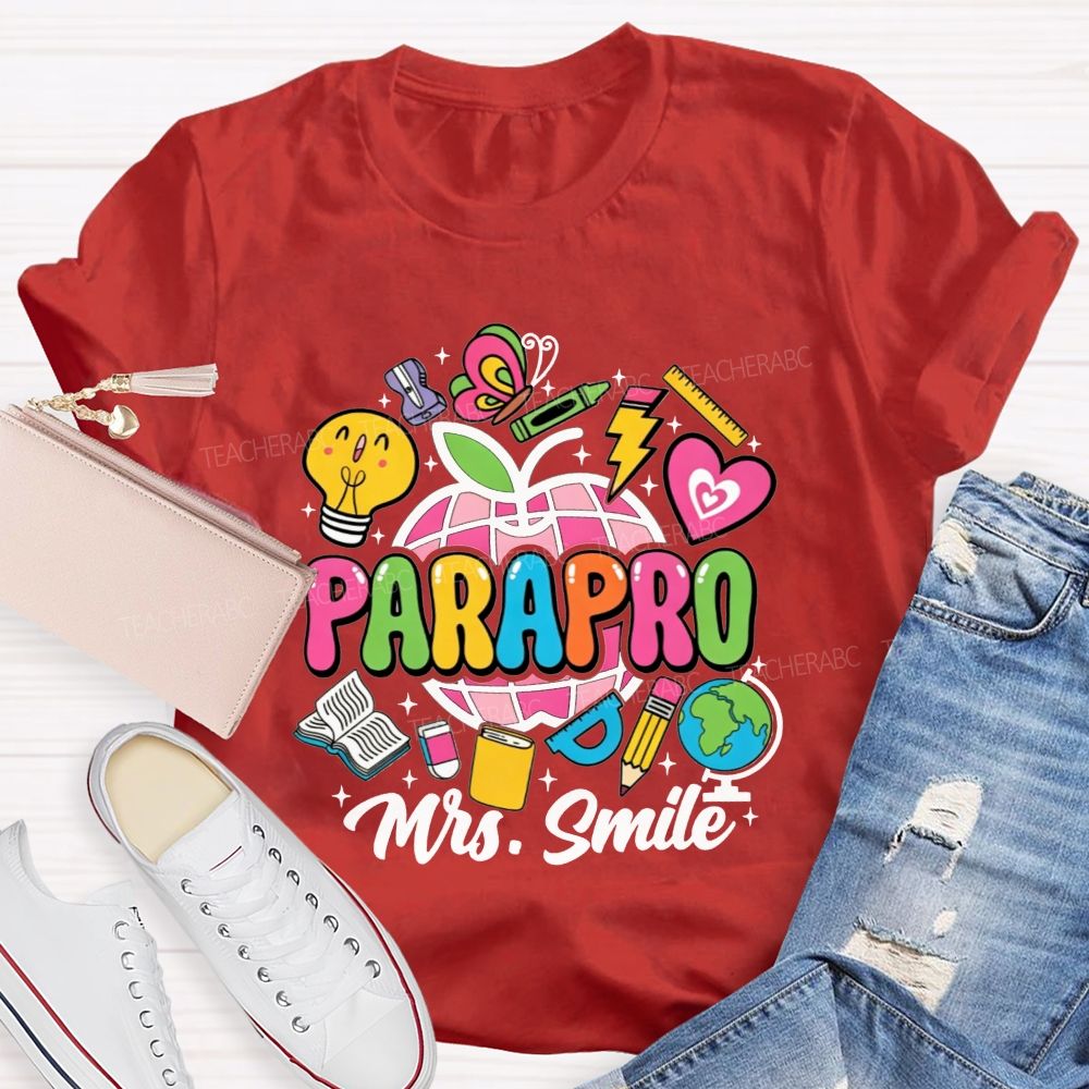 Personalized Name Parapro Bright Doodle School Supply Apple Teacher T-shirt