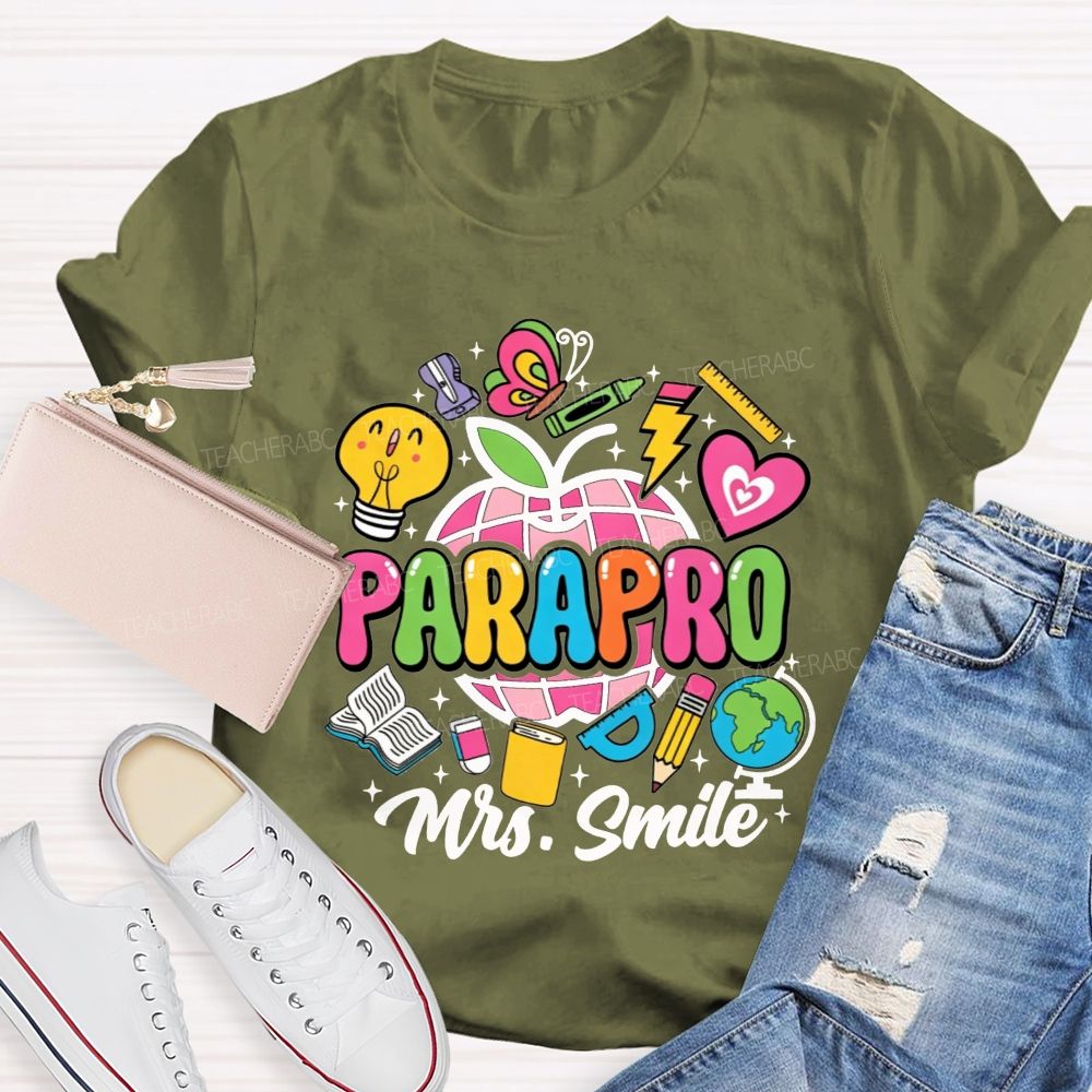 Personalized Name Parapro Bright Doodle School Supply Apple Teacher T-shirt