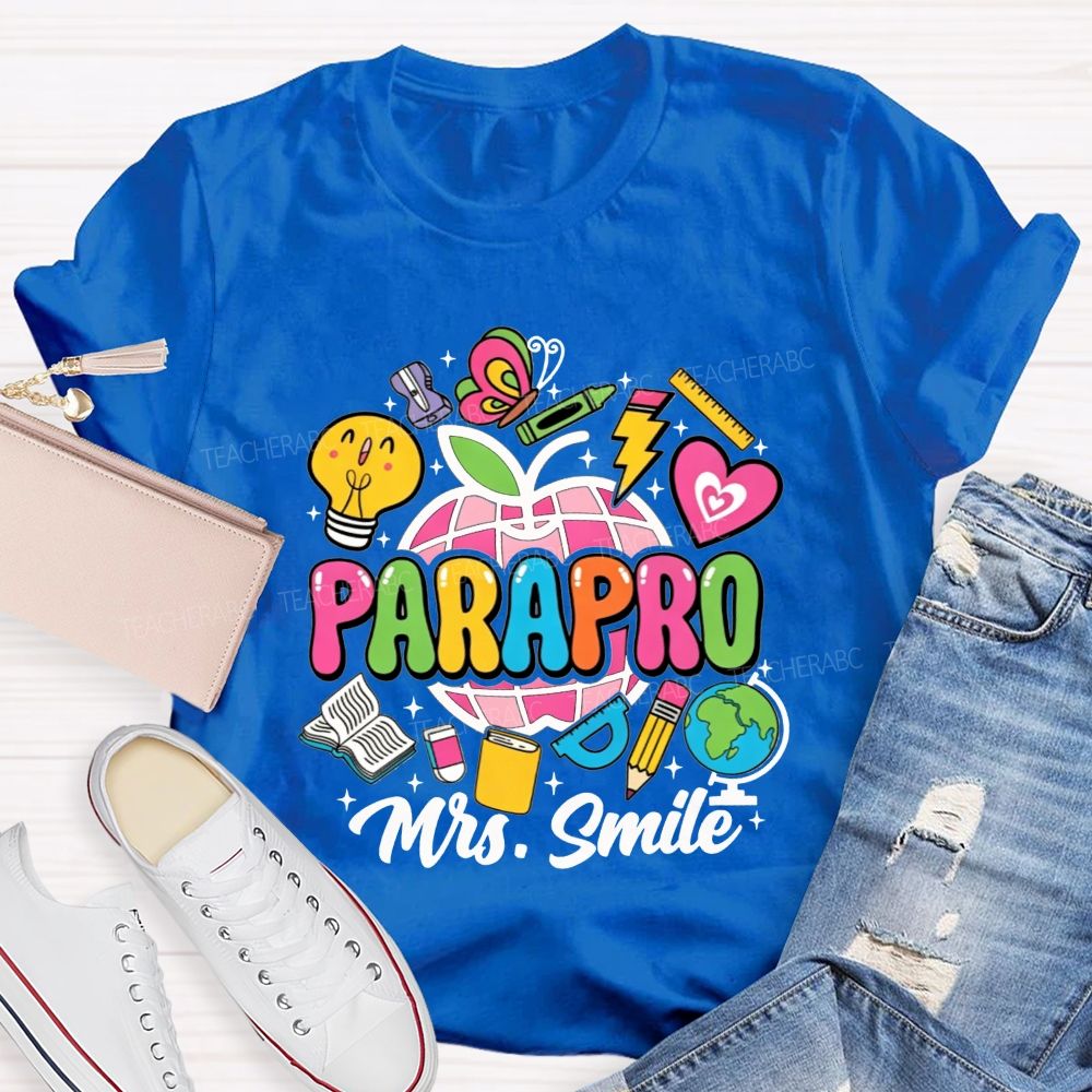 Personalized Name Parapro Bright Doodle School Supply Apple Teacher T-shirt