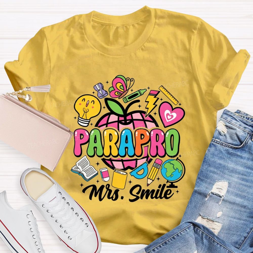 Personalized Name Parapro Bright Doodle School Supply Apple Teacher T-shirt