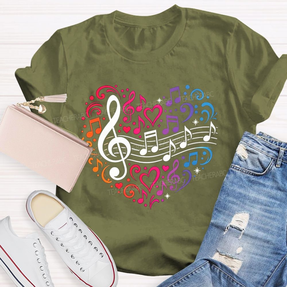 Rainbow Gradient Music Note Treble Clef Heart Graphic Music Teacher T-shirt