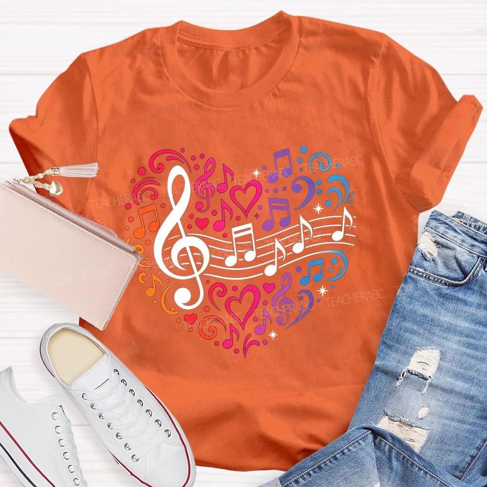 Rainbow Gradient Music Note Treble Clef Heart Graphic Music Teacher T-shirt
