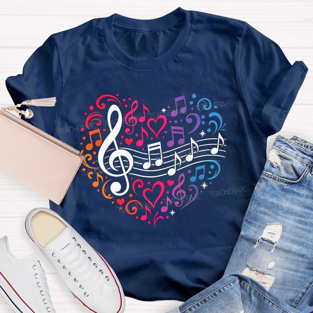 Rainbow Gradient Music Note Treble Clef Heart Graphic Music Teacher T-shirt