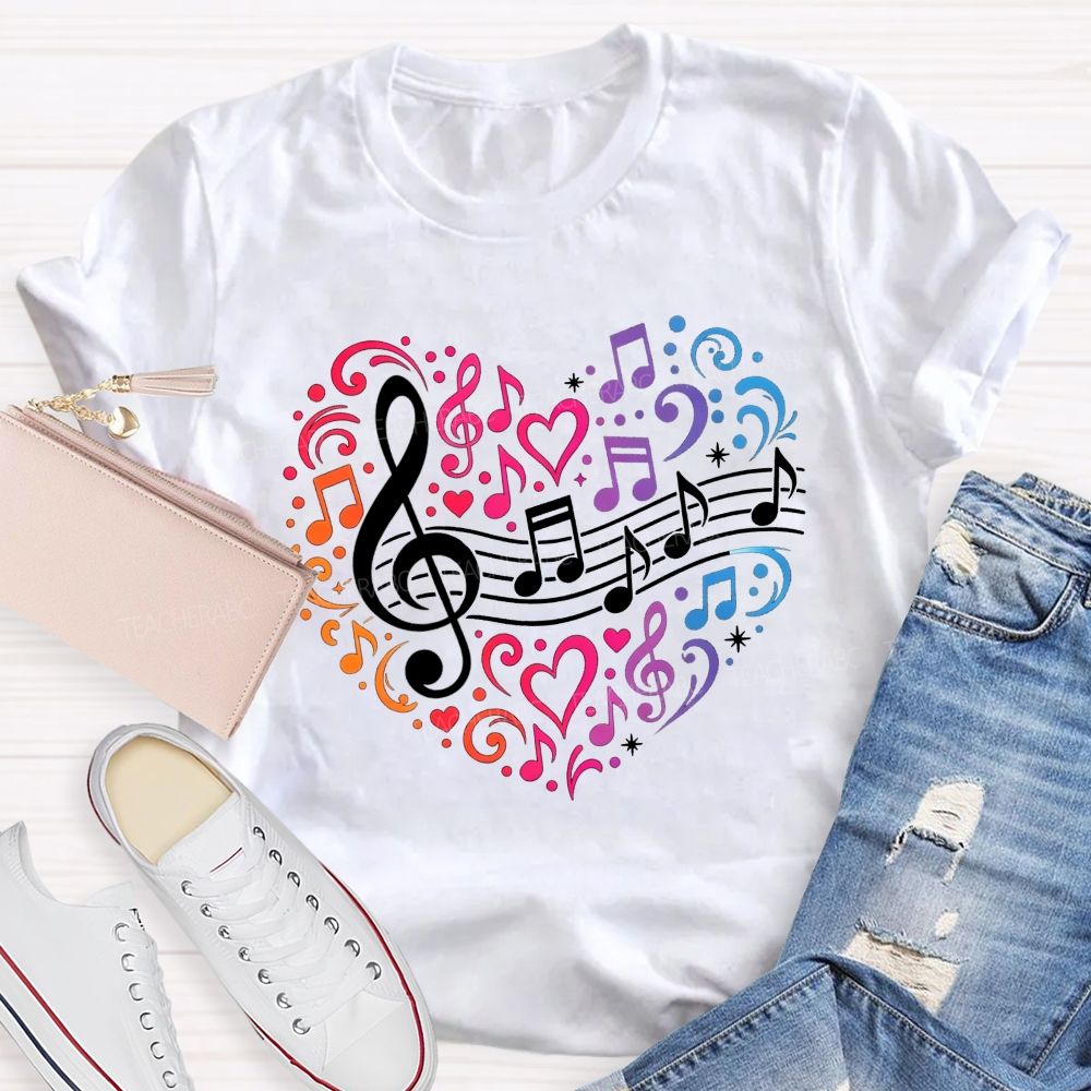 Rainbow Gradient Music Note Treble Clef Heart Graphic Music Teacher T-shirt