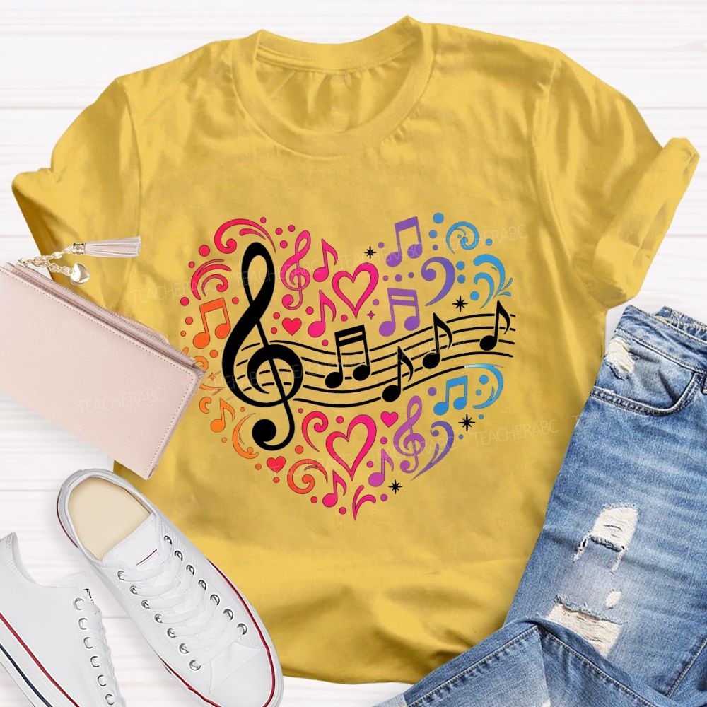 Rainbow Gradient Music Note Treble Clef Heart Graphic Music Teacher T-shirt