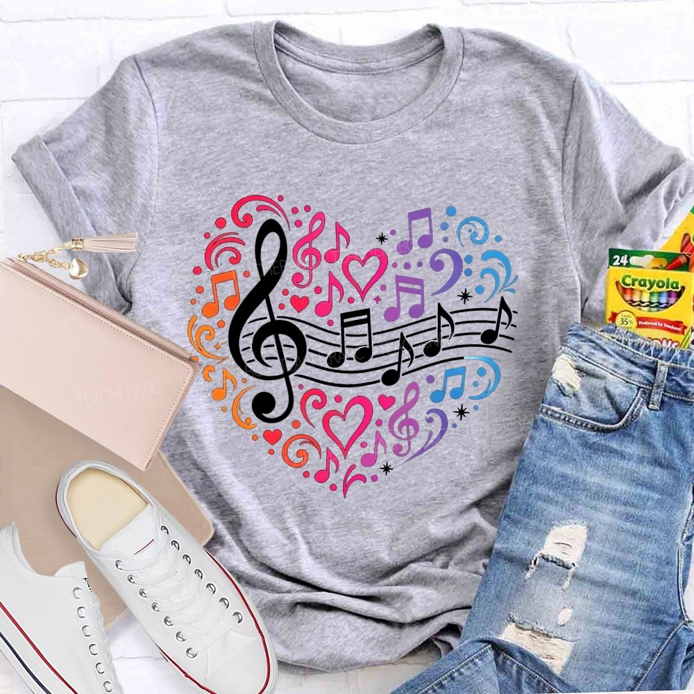 Rainbow Gradient Music Note Treble Clef Heart Graphic Music Teacher T-shirt