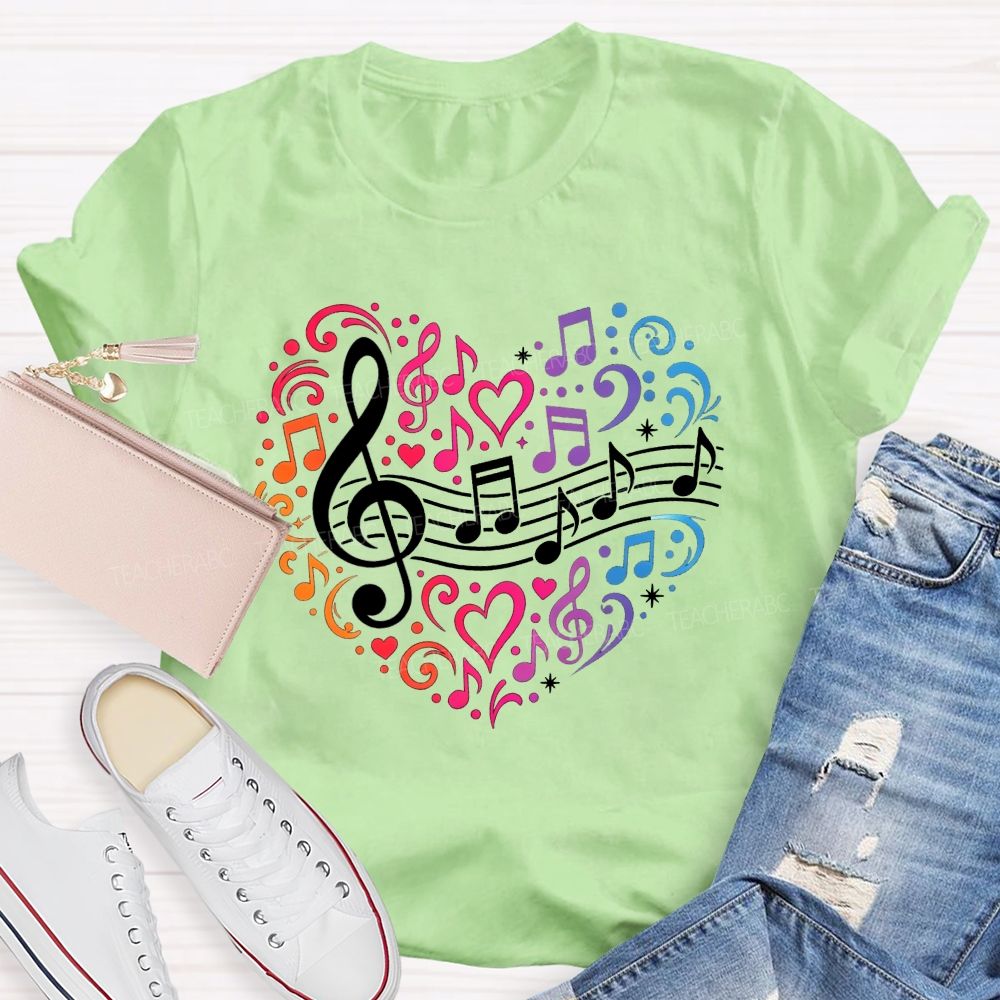 Rainbow Gradient Music Note Treble Clef Heart Graphic Music Teacher T-shirt