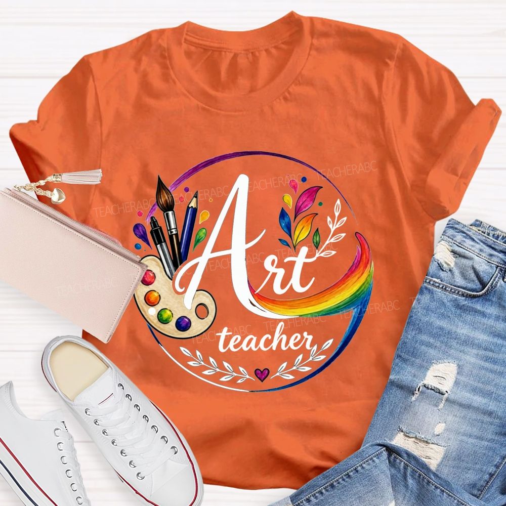 Art Teacher Rainbow Paint Palette Brush Pencil Teacher T-shirt