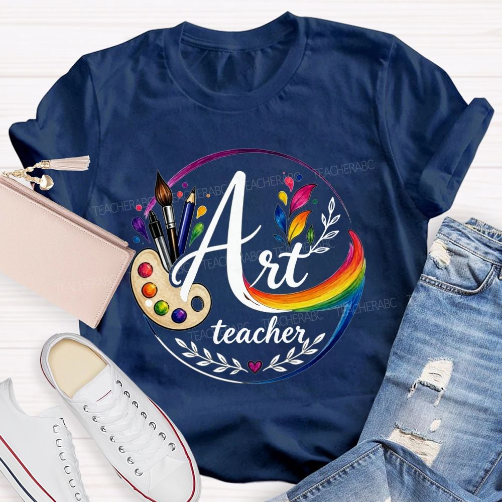 Art Teacher Rainbow Paint Palette Brush Pencil Teacher T-shirt