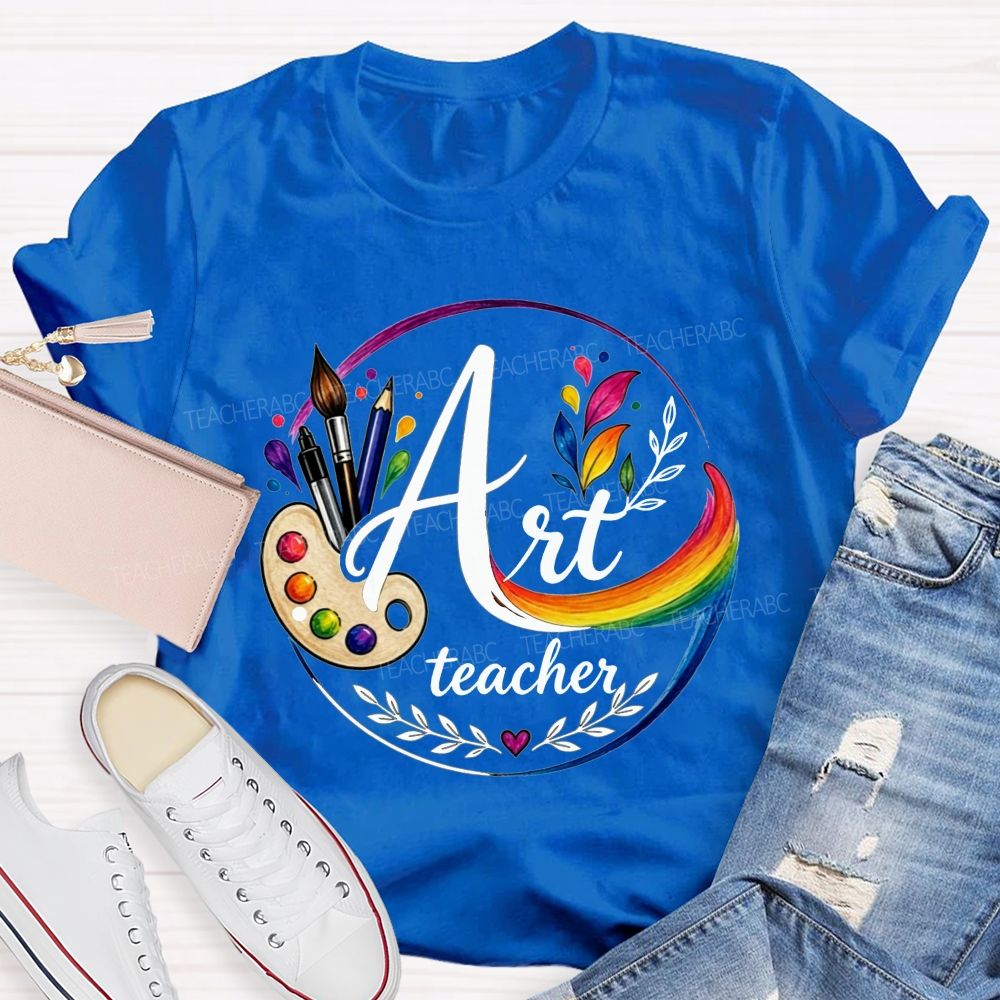 Art Teacher Rainbow Paint Palette Brush Pencil Teacher T-shirt