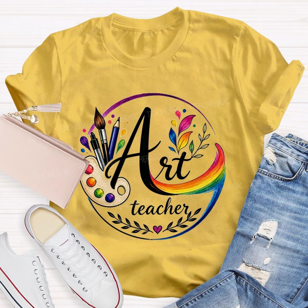 Art Teacher Rainbow Paint Palette Brush Pencil Teacher T-shirt